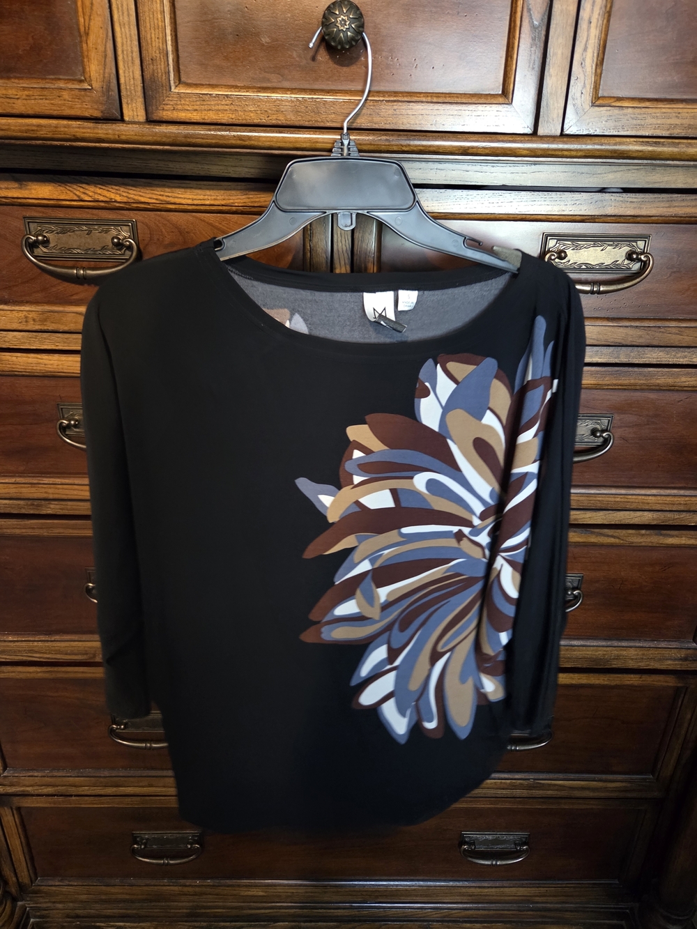 M By Marc Bouwer Black Blouse with Multi-Color Floral Burst